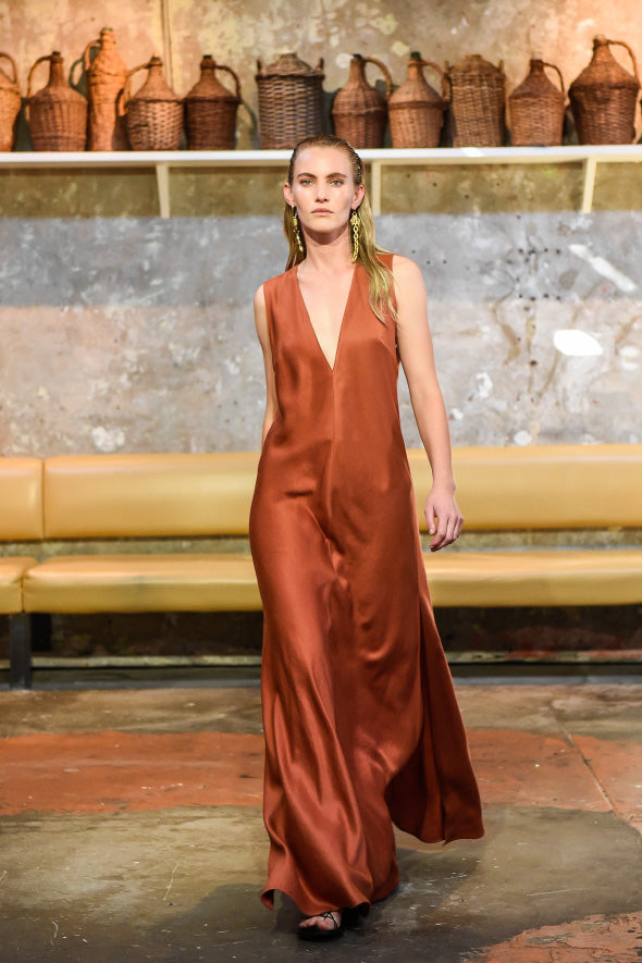 Fluid V Neck Dress in Rust