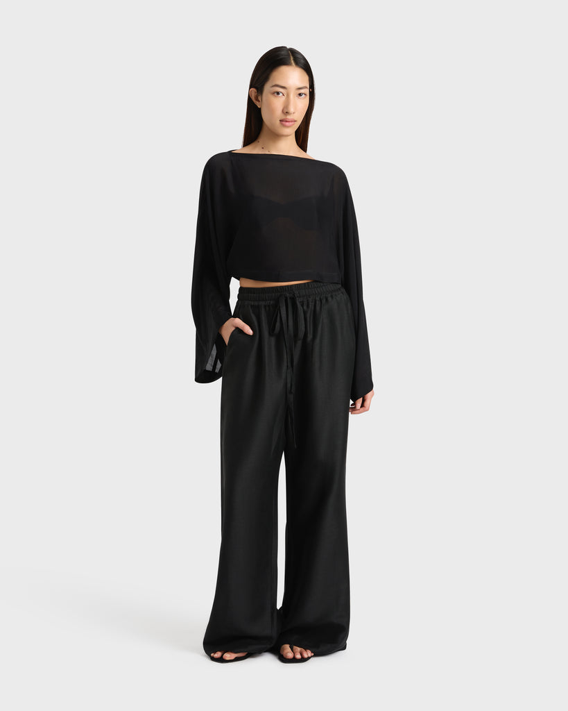 BONDI BORN Bormio Luxe Pant in Black styled with Cremona Kimono Top, tailored wide-leg silhouette in breathable Japanese fabric for modern resort dressing.