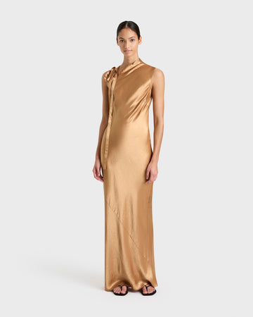 BONDI BORN Kobe Open Shoulder Maxi Dress Honey, effortless elegance in soft golden linen