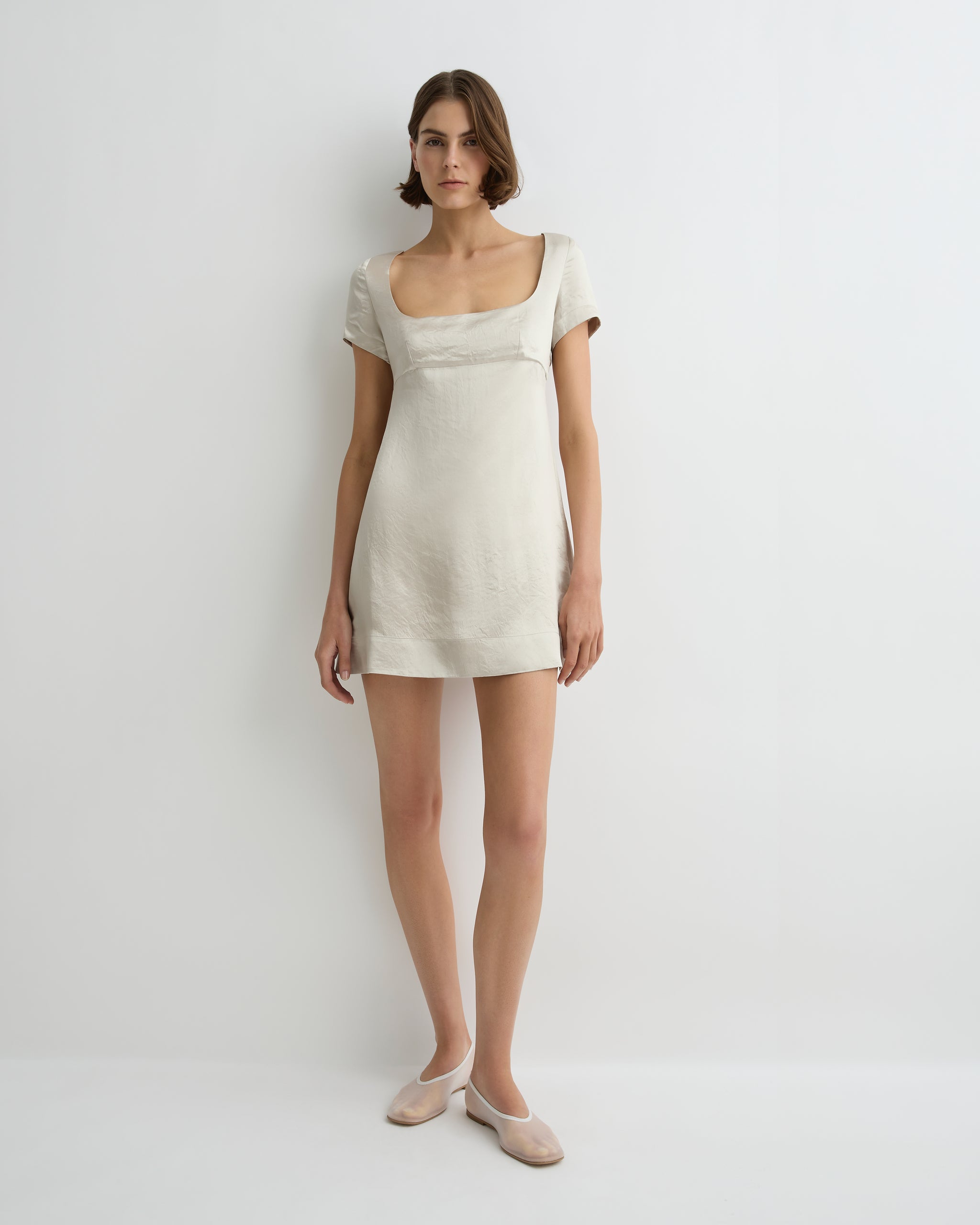 Kobe Short Sleeve Mini Dress in Silver Japanese Satin