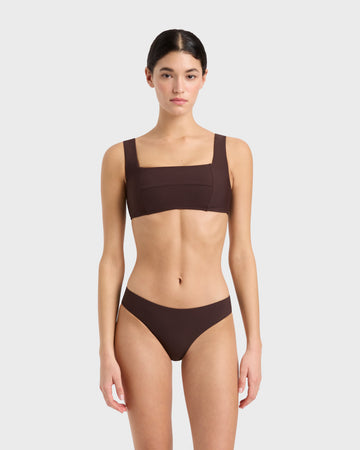 BONDI BORN Nadia Bikini Bottom Mocha, low-rise swim brief in soft brown for timeless appeal