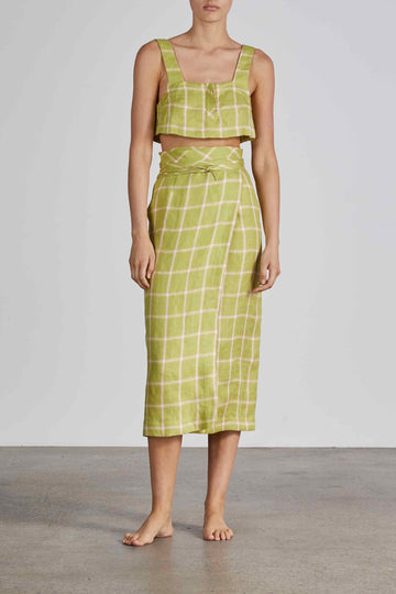 BONDI BORN® Hvar Checked Linen Skirt in Citrus Green