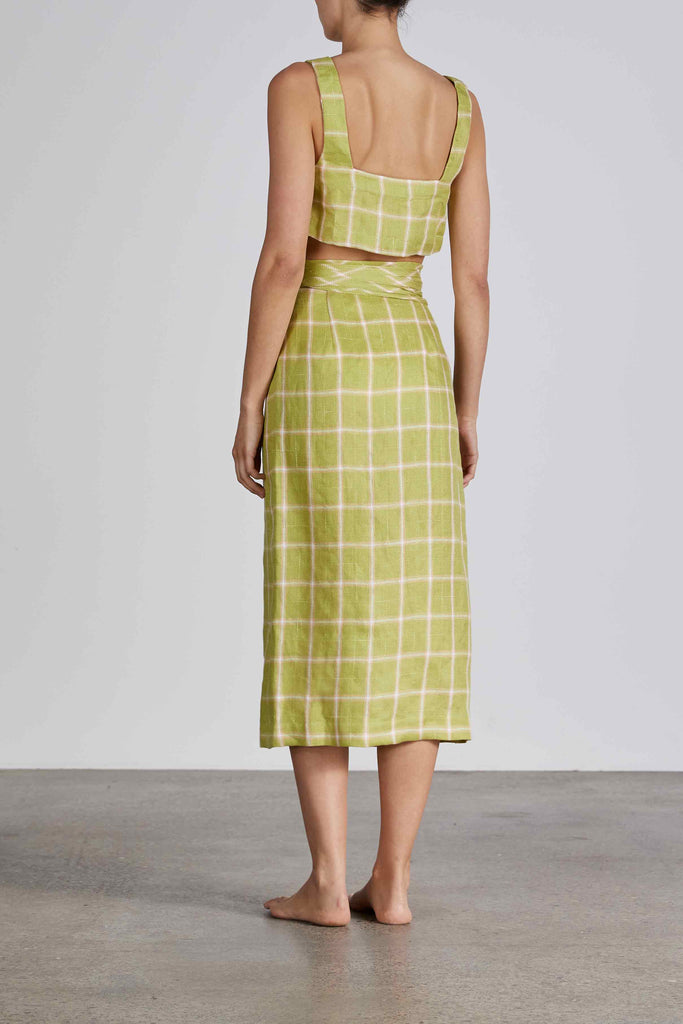 BONDI BORN® Hvar Checked Linen Skirt in Citrus Green