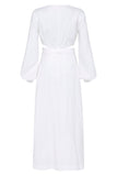 BONDI BORN Belize long sleeve linen dress in White with puff sleeves and cut-out dress, shown from back